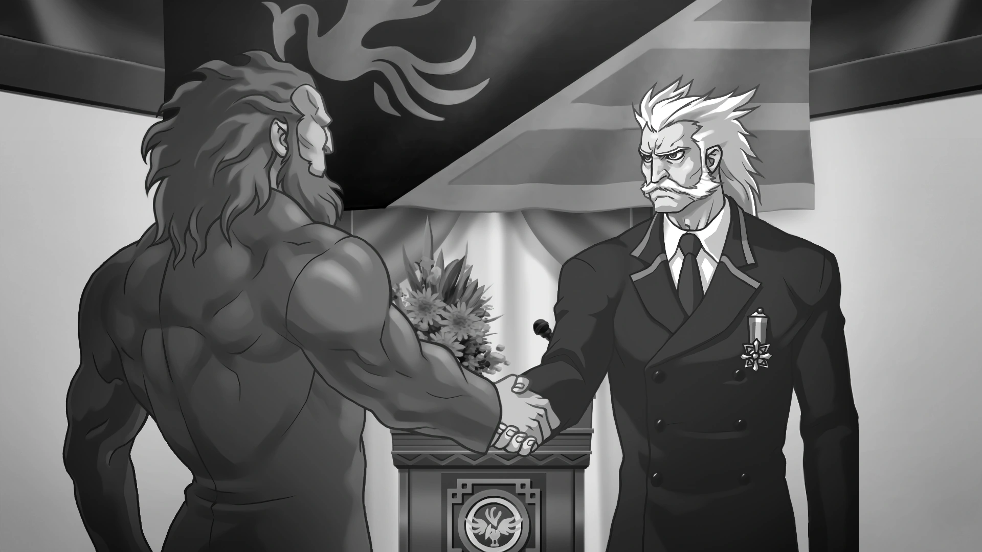 Лан Далун пожимает руку Вану Дицзюню.