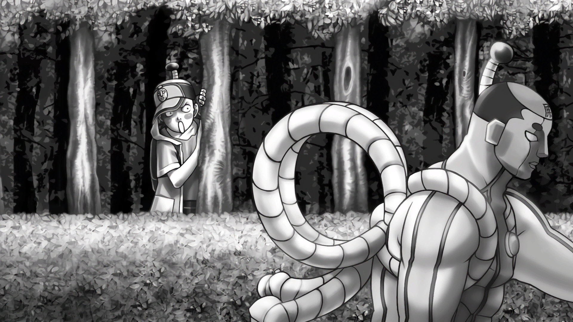 Смотрит за идущим Стальным самураем.