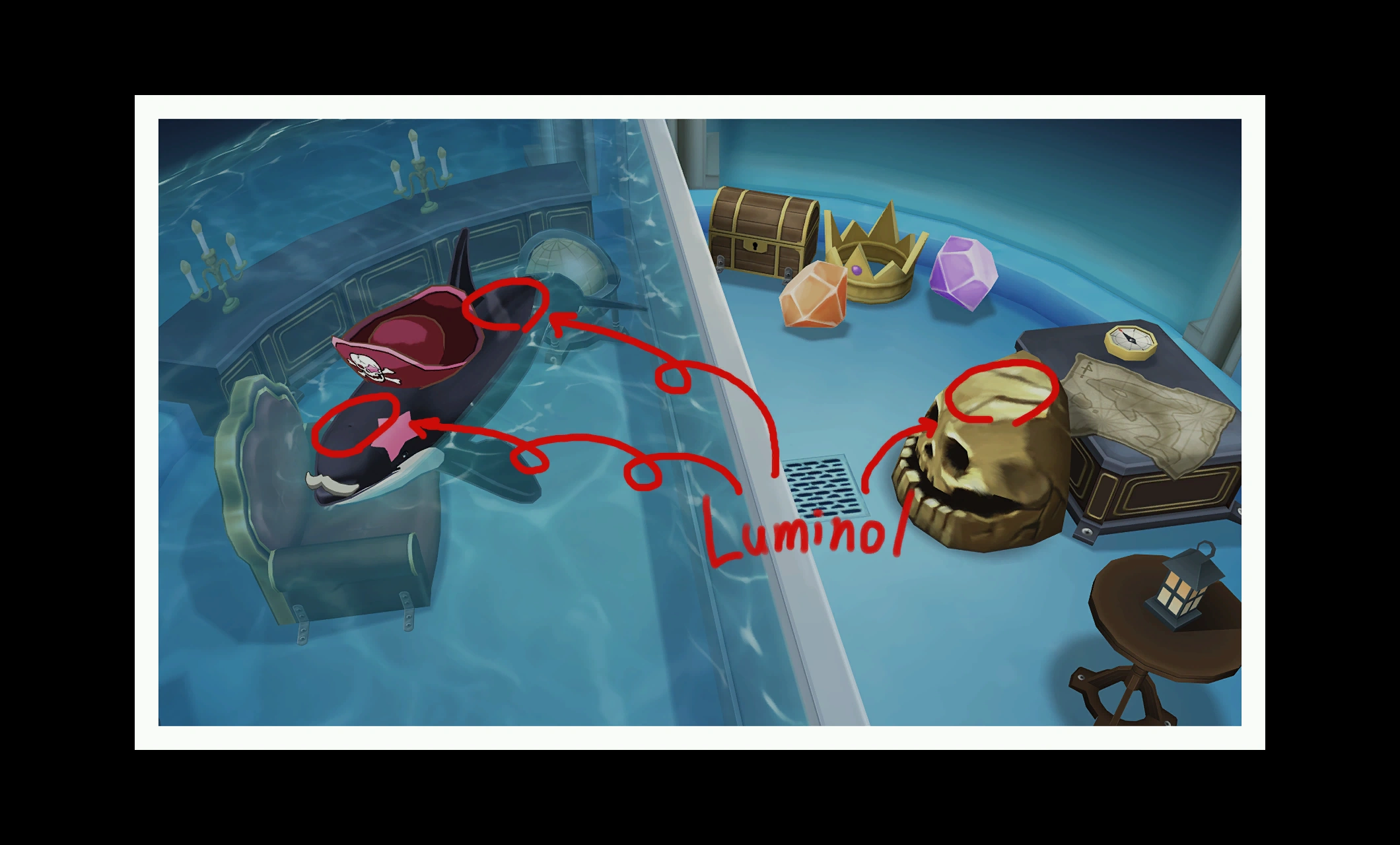 Дно бассейна косаток, нарисованы реакции люминола.