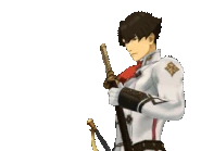 Держит катану у груди/говорит