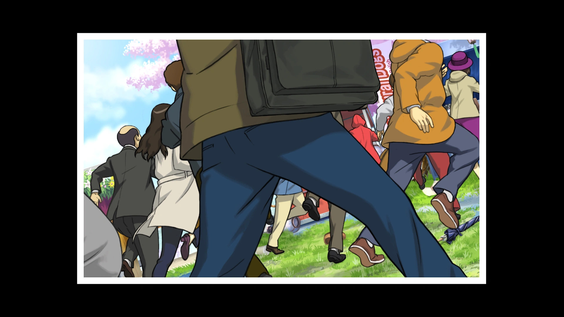 Двигается сквозь паникующую толпу в своём красном дождевике.