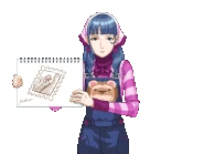 Показывает рисунок марки труппы Грамари/говорит