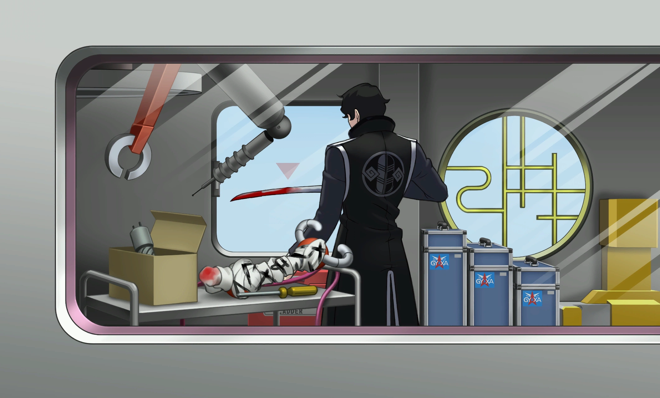 Фотография Саймона Блэккуилла с окровавленной катаной.