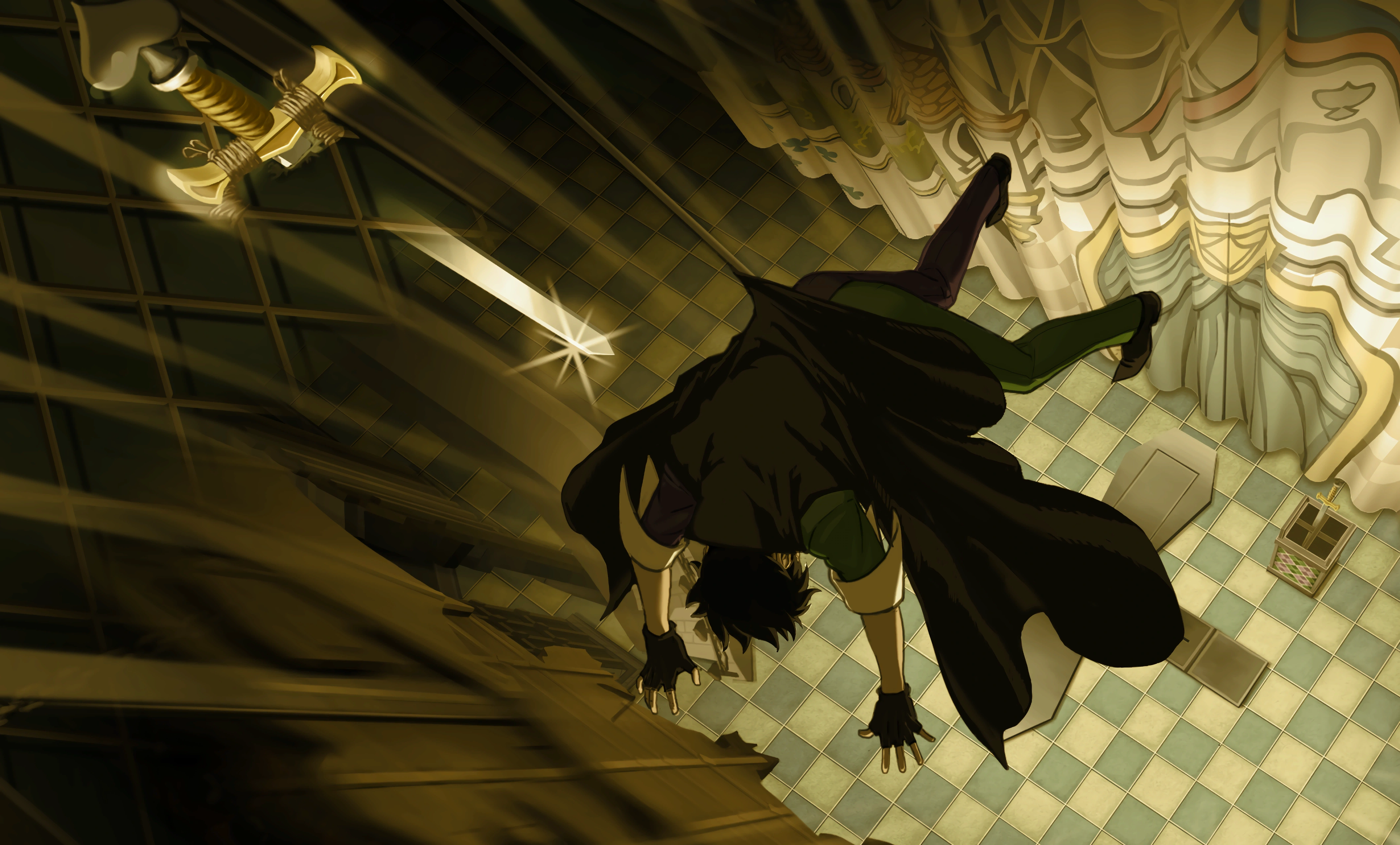 Мистри втягивается в меч, воткнутый в подиум.