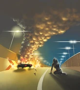 Мими смотрит на обломки горящей машины, внутри которой Ини