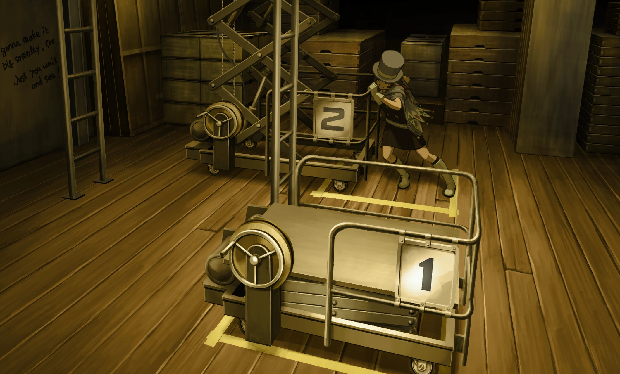 Трюси отталкивает поднятый сценический подъёмник.