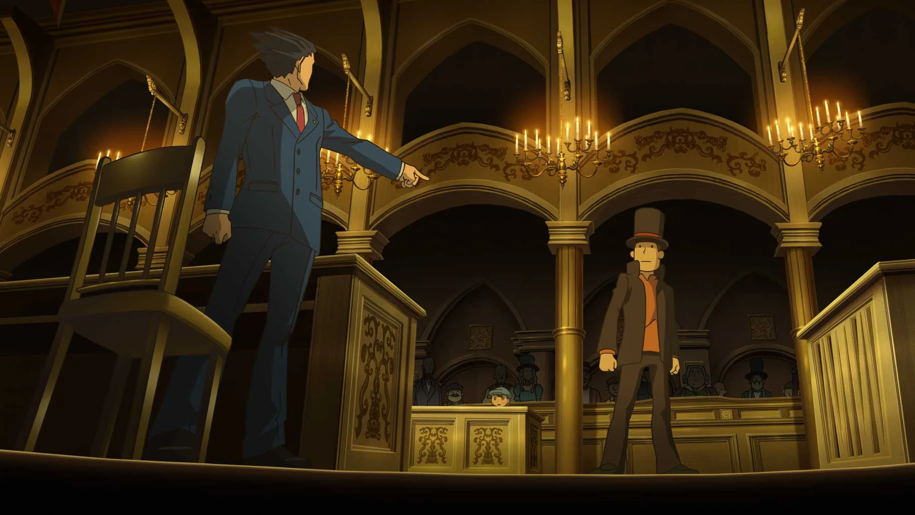 Феникс и Хершел стоят друг перед другом на суде; специальная кат-сцена ранней версии игры.