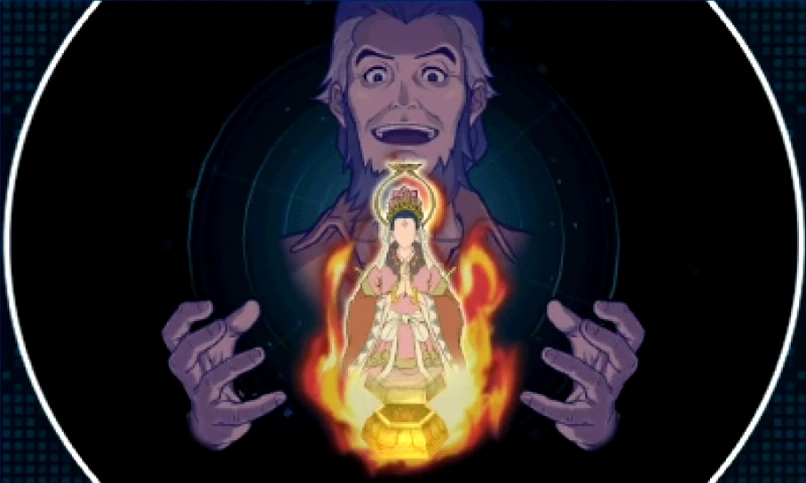 Арчи Бафф поджигает сферу, открывая Святую Матерь.