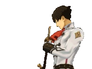 Смотрит в сторону (держа катану)/говорит