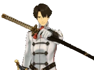 Держит катану перед собой/говорит