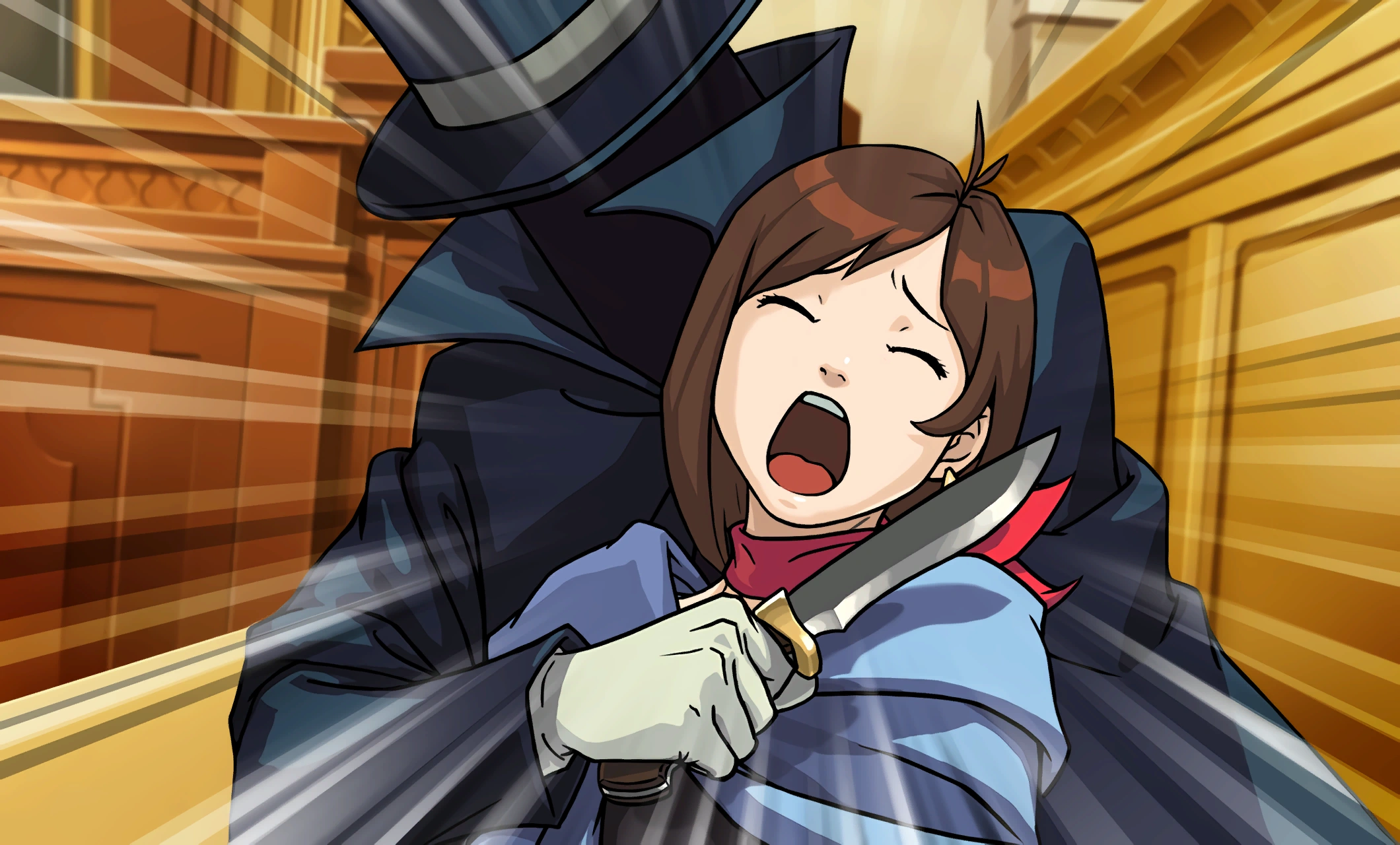 В зал суда спускается таинственный преступник.