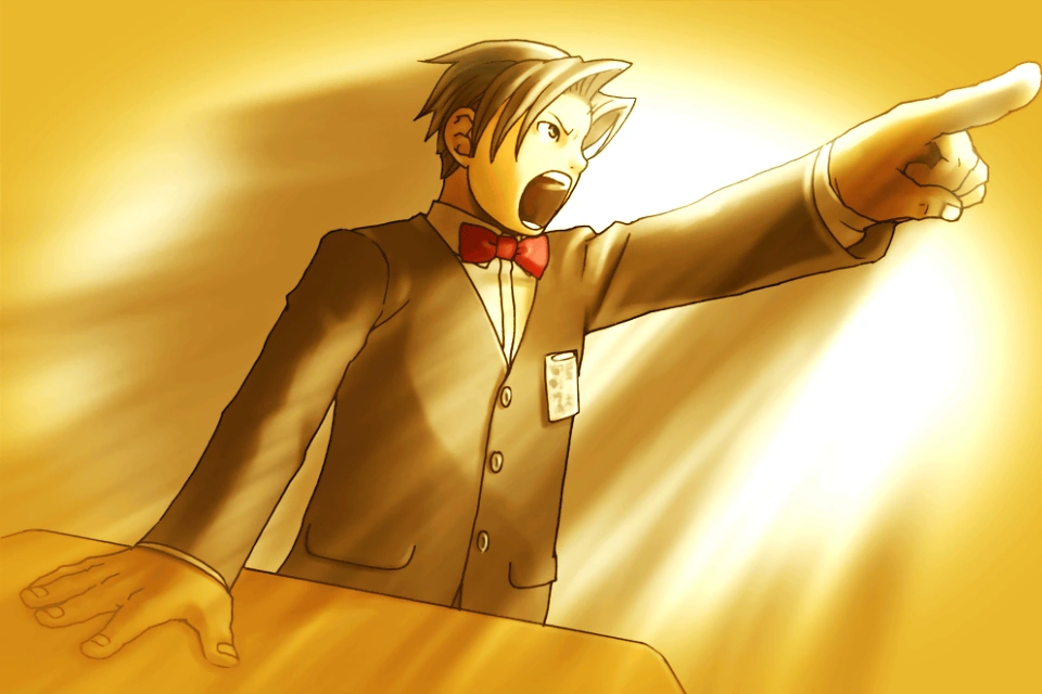 Майлз кричит «» защищая Феникса во время школьного суда в четвёртом классе.