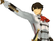 Указывает катаной/говорит