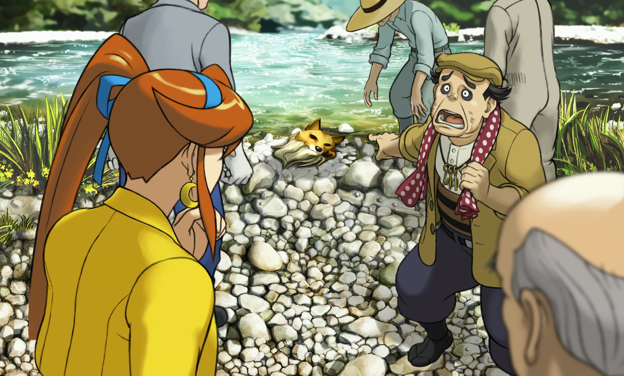 Филч показывает маску Удивительного Девятихвостого Сайкс на берегу реки.