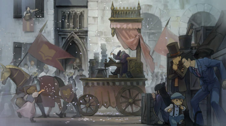 Кат-сцена в аниме стиле из ранней версии игры, в которой персонажи профессор Лейтон, Люк Трайтон, Феникс Райт и Майя Фей наблюдают, как Рассказчик проезжает по городу.