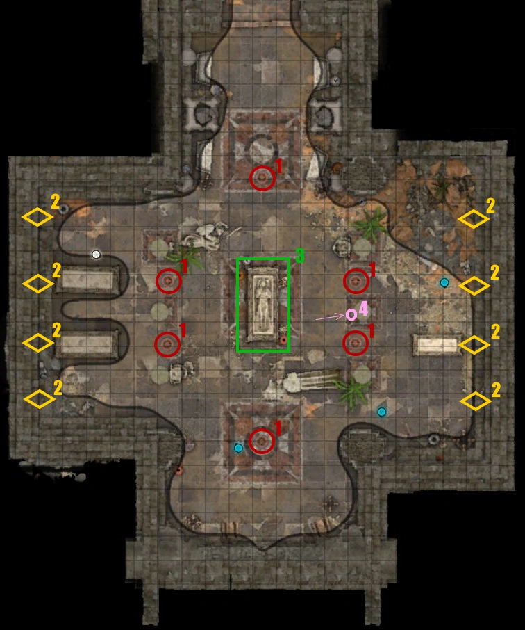 1.Продухи. 2.Головы горгулий, стреляющие пламенем. 3.Центральный саркофаг, активирующий ловушки в комнате. 4.Кнопка, деактивирующая ловушки. Работает только после активации системы ловушек.