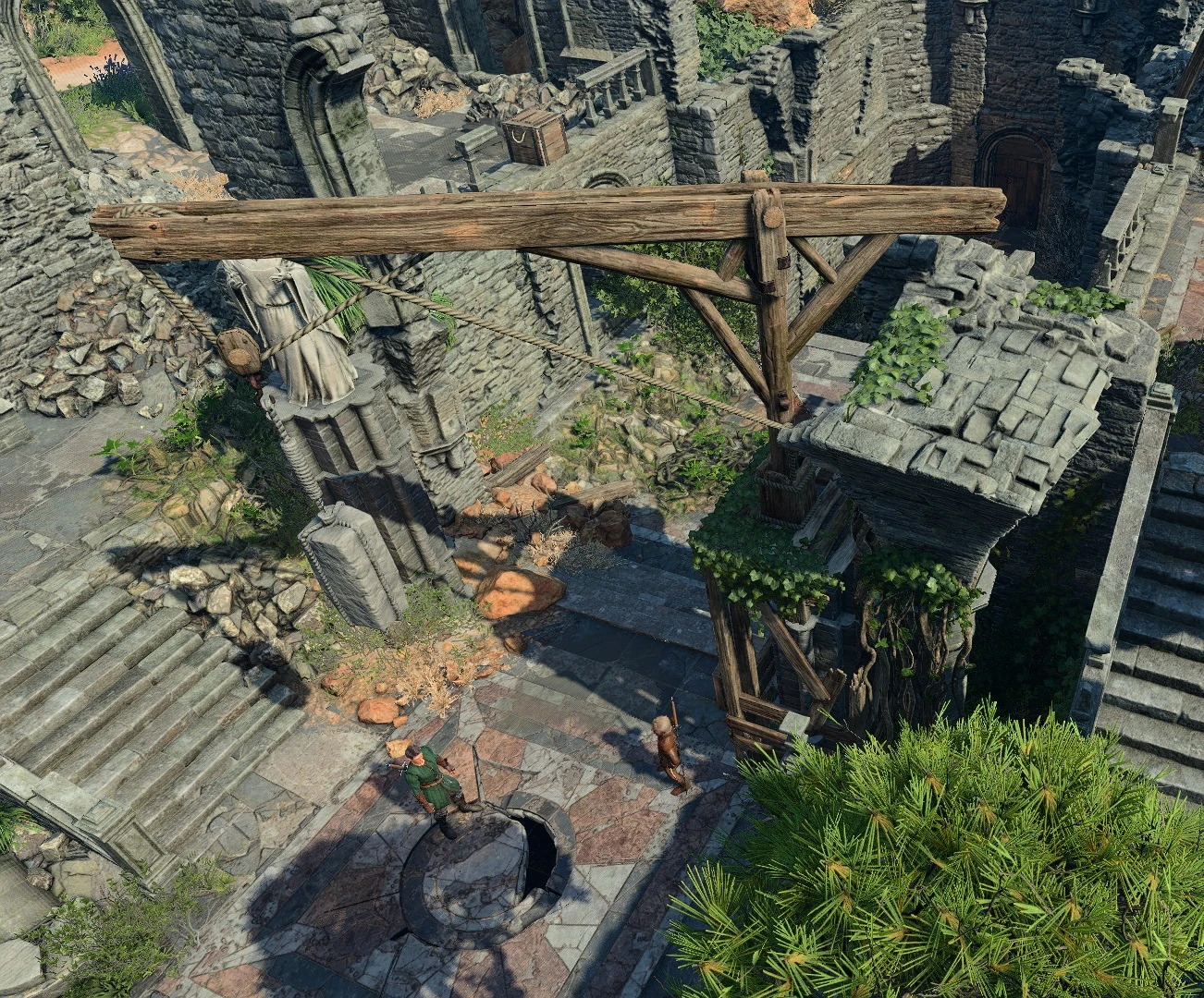 Деревянный кран, удерживающий камень