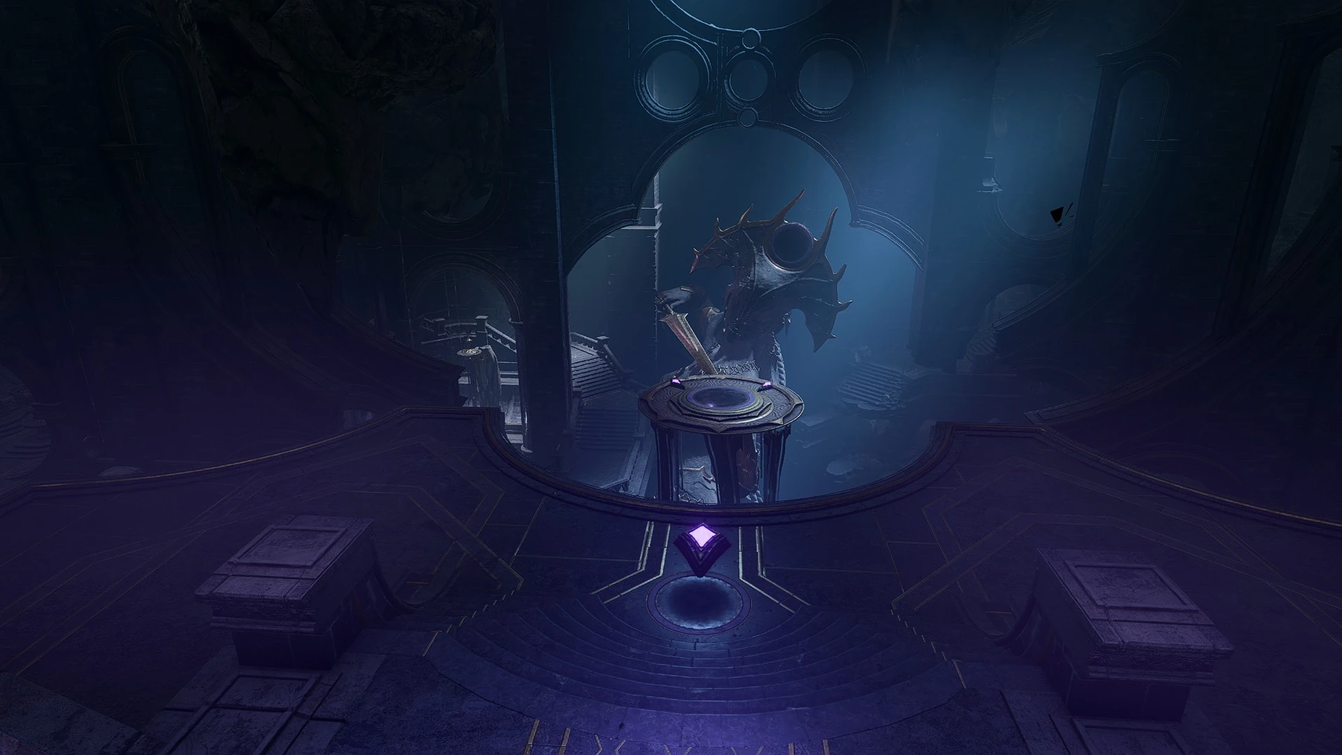 Пьедестал с кнопкой для вызова платформы у статуи  в центре храма