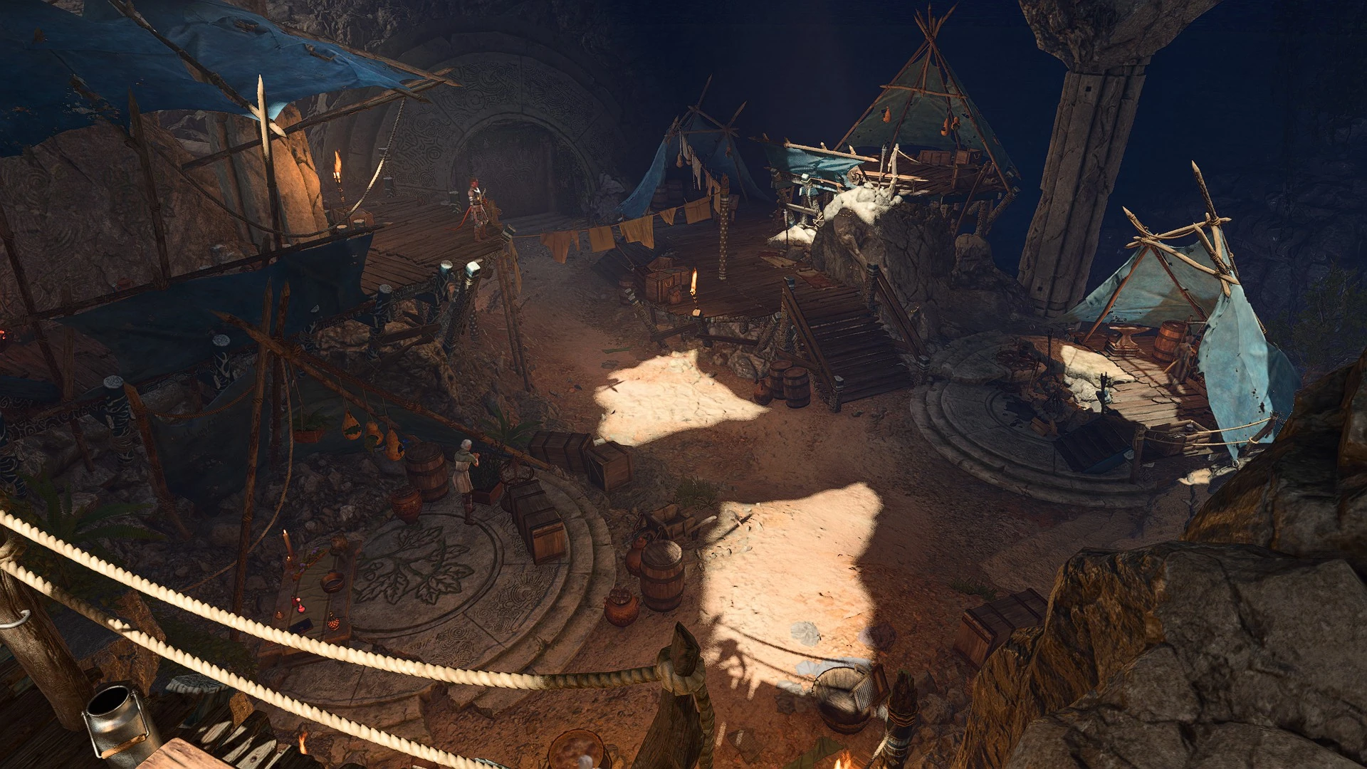 Вид на кузницу, палатку авантюристов и лавку 