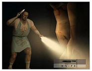 Мальком с ножом разделывает свинину