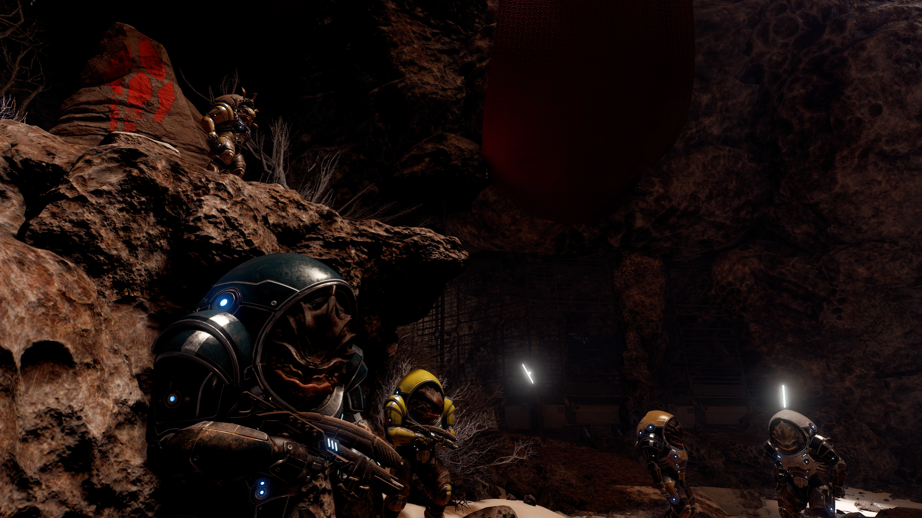 Brenk on the left foreground plus three guards serving Morda below her throne