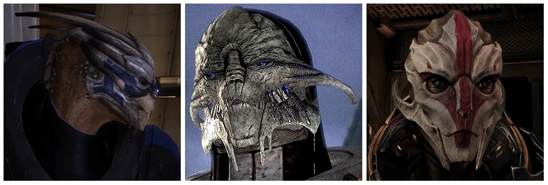 Гребни турианцев-мужчин (слева, по центру) и турианок-женщин (справа)