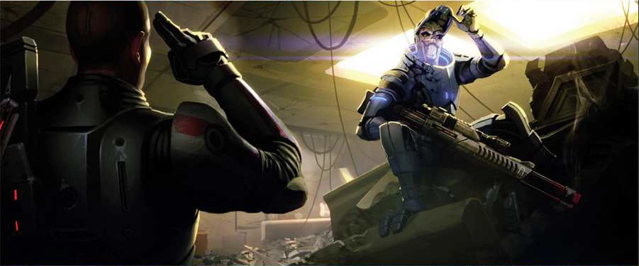 Ранний концепт-арт встречи Гарруса и Шепарда на «Омеге»