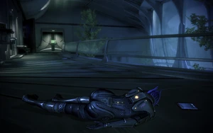 Слева от двери, около входа на нижний этаж