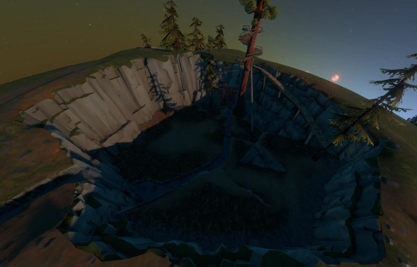 Кратер с большим деревом и пещерой, ведущей в Кратер Квантовой Рощи.