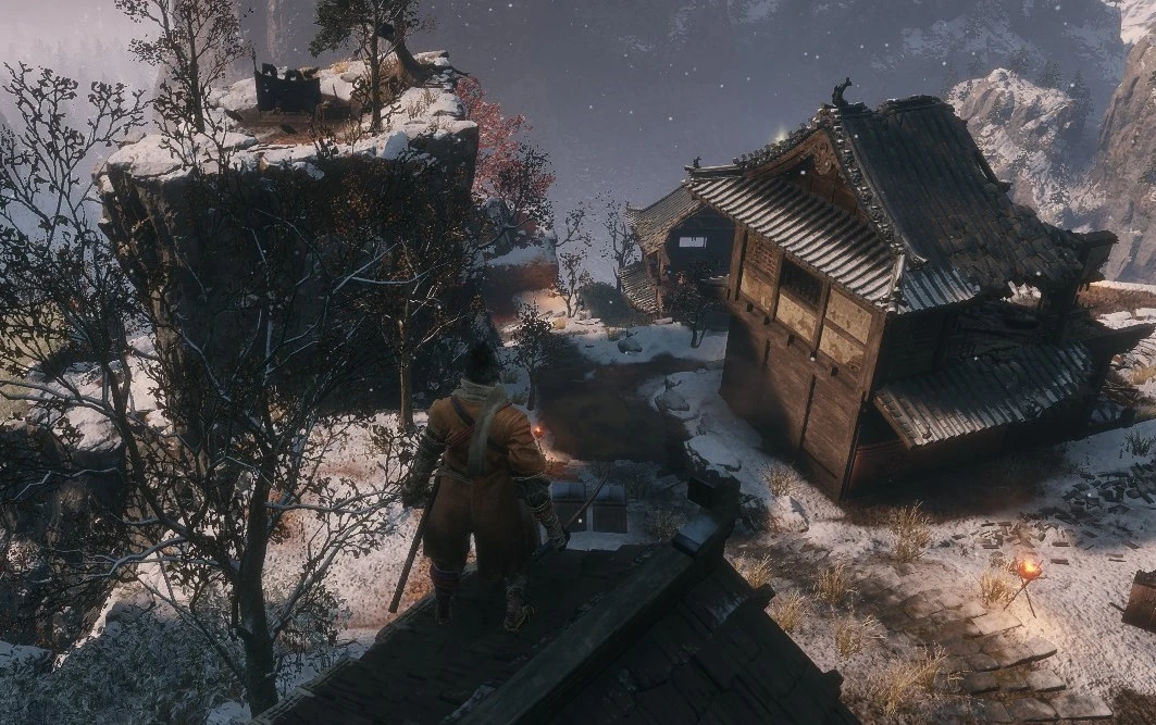 Запрыгнуть к торговцу можно со сторожевой башни справа