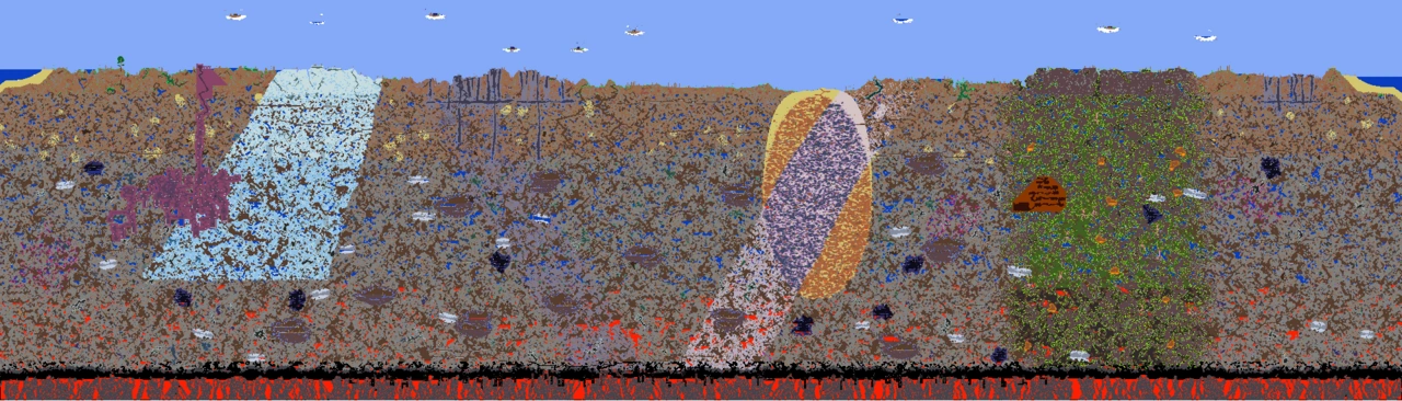 Карта игрового мира после хардмодной конверсии. Обратите внимание на 2 диагональные полосы, которые образуют латинскую букву "V". Одна из полос состоит из  (пурпурная), а другая из  (светло-розовая).