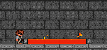 Игрок без экипировки получает 80 урона и поджигается при заходе в лаву.