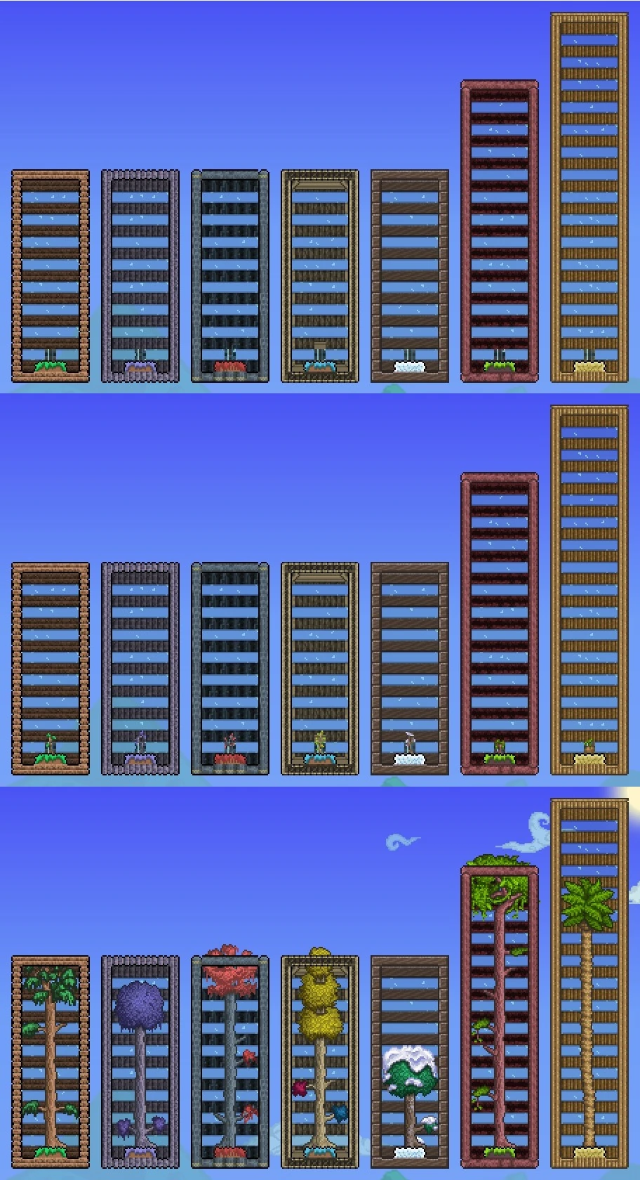 Наименьшее пространство, которое подходит для роста каждого дерева: без ростков (сверху), ростки посажены (посередине), взрослое дерево (снизу).
