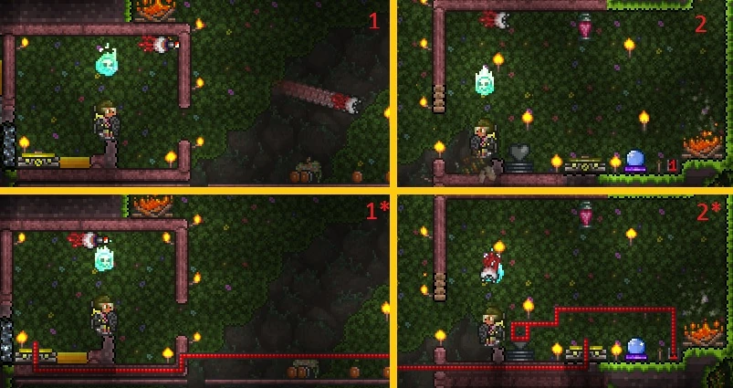 1 и 2 — это внешний вид двух комнат-бойниц;
Звездочки-те же схемы с проводами