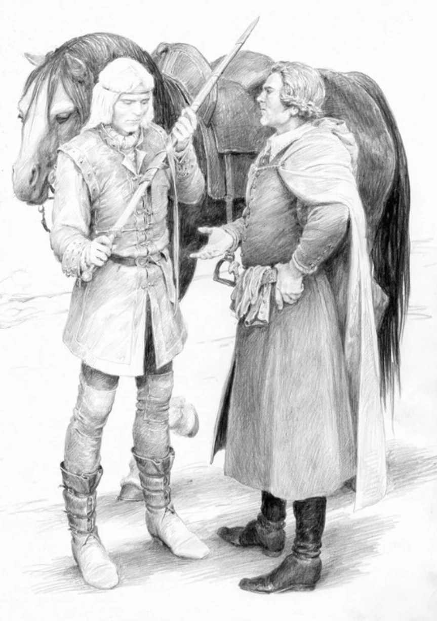 Пинетти дарит Геральту свой меч, иллюстрация Дениса Гордеева