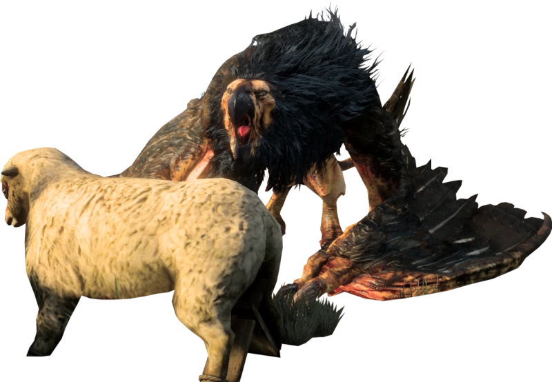 Грифон нападает на чучело овцы,