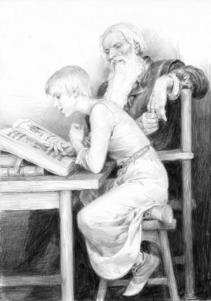 Весемир и Цири, иллюстрация Дениса Гордеева