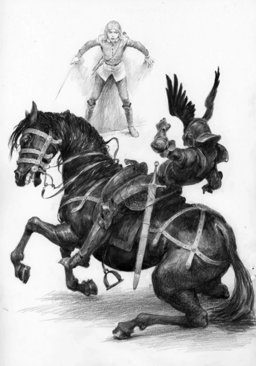 Чёрный рыцарь и Цири, иллюстрация Дениса Гордеева