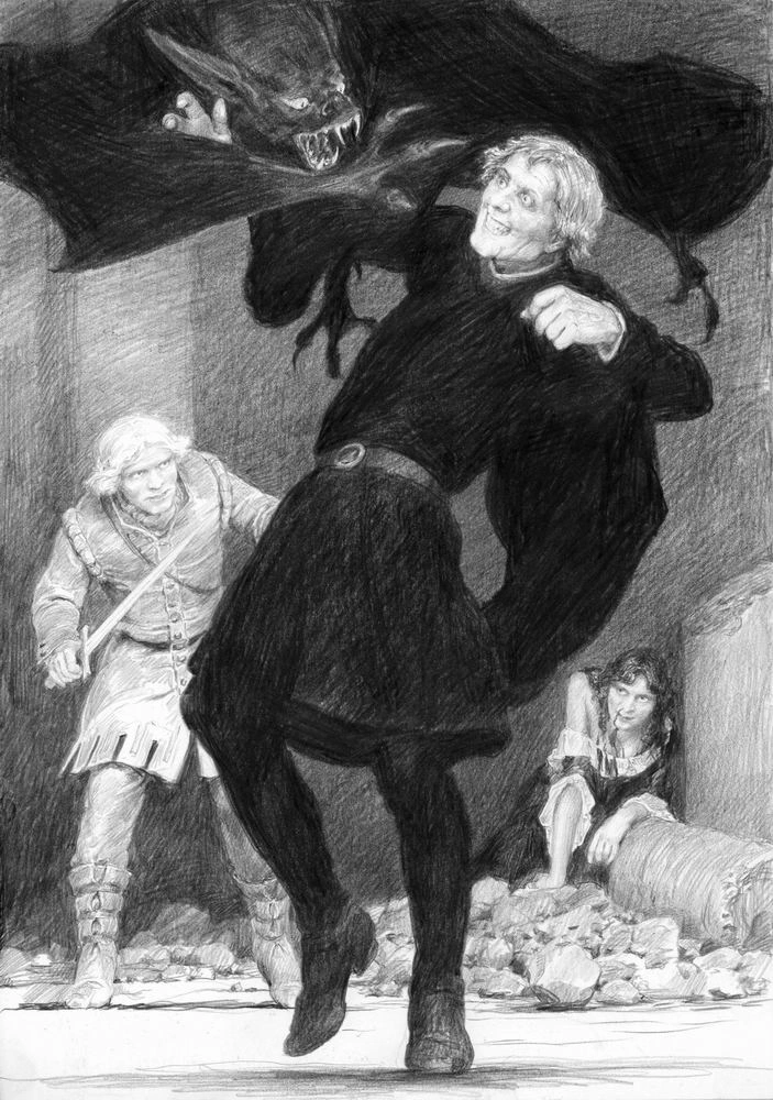 Регис сражается в замке Стигга, иллюстрация Дениса Гордеева