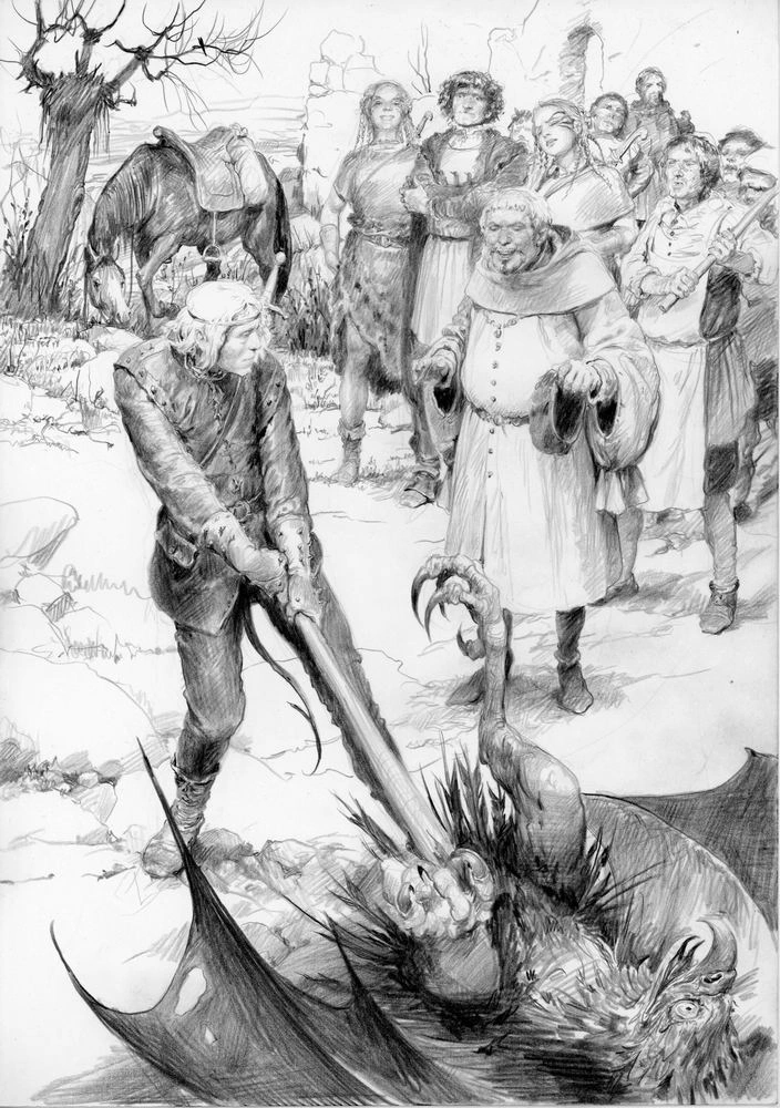 Геральт и василиск, иллюстрация Дениса Гордеева