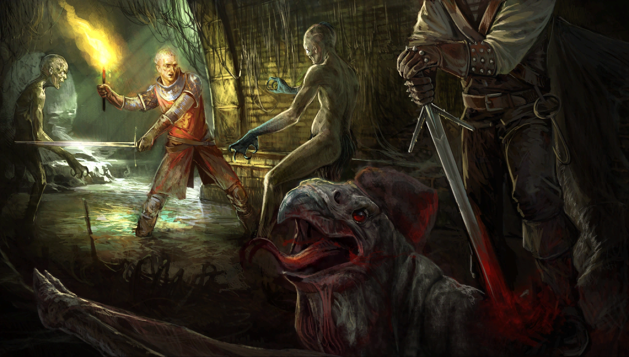 Геральт и Зигфрид сражаются с чудовищами в канализации Вызимы