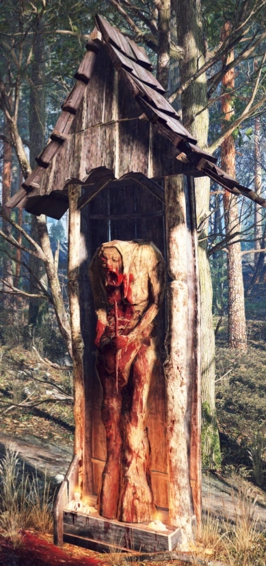 Деревянная статуя божества в игре